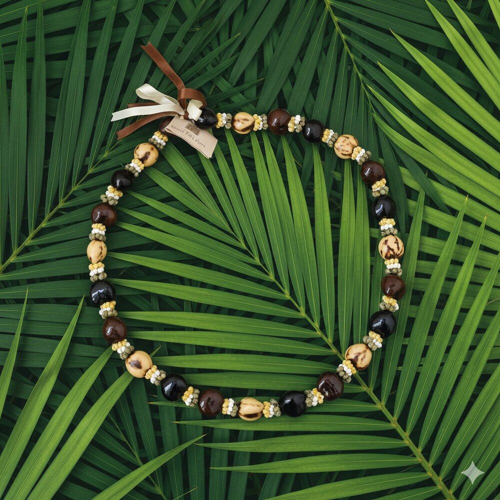 Genuine Kukui Nut Lei Seashell Marbled Hawaiian Aloha Luau Graduation NWT
